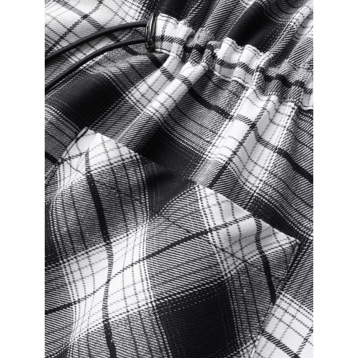 Plus Size Plaid Drawstring Patched Pocket Coat Women Black Elegant Drawstring Ladies Everyday Winter Coats BloomChic 12/L Product Image