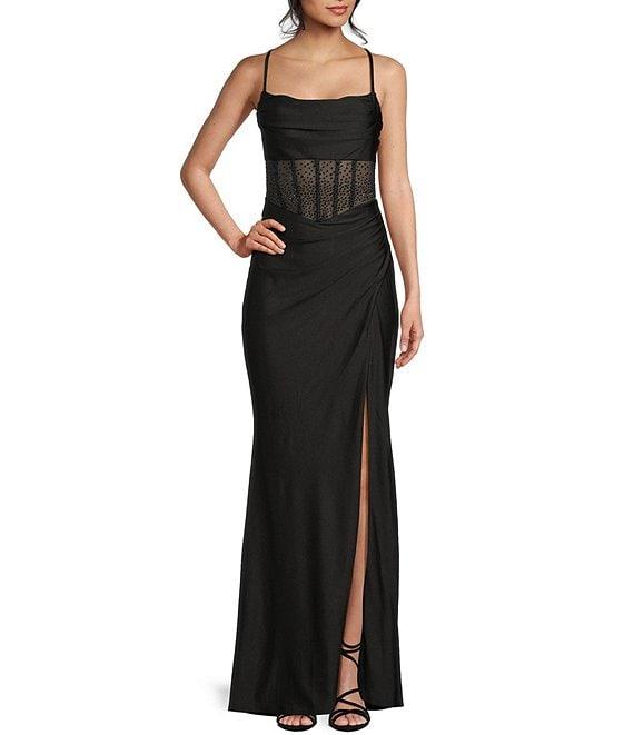 B. Darlin Cowl Neck Spaghetti Strap Rhinestone Illusion Corset Bodice Front Slit Dress Product Image