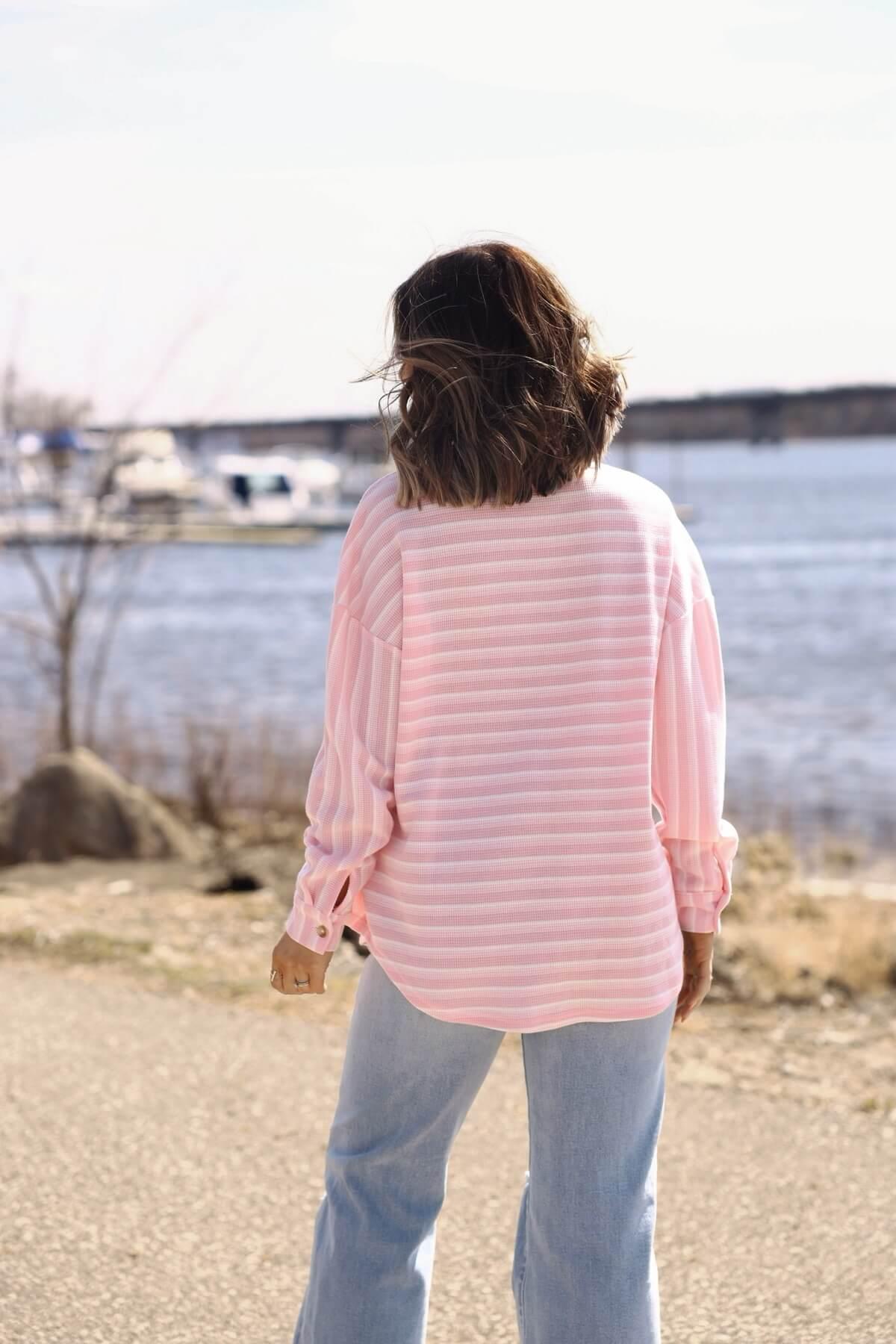 Glenn Pink and White Striped Button Down Top - FINAL SALE Product Image