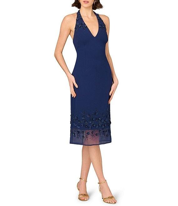 Aidan Mattox Halter V-Neck 3D Floral Beaded Crepe Sheath Midi Dress Product Image