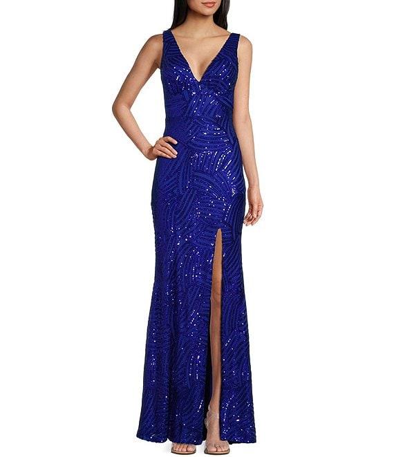 City Vibe V-Neck Sleeveless Sequin Pattern Open Back Side Slit Dress Product Image