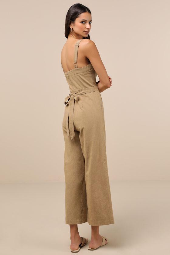 Lucky For Me Beige Cotton Sleeveless Cropped Jumpsuit Product Image