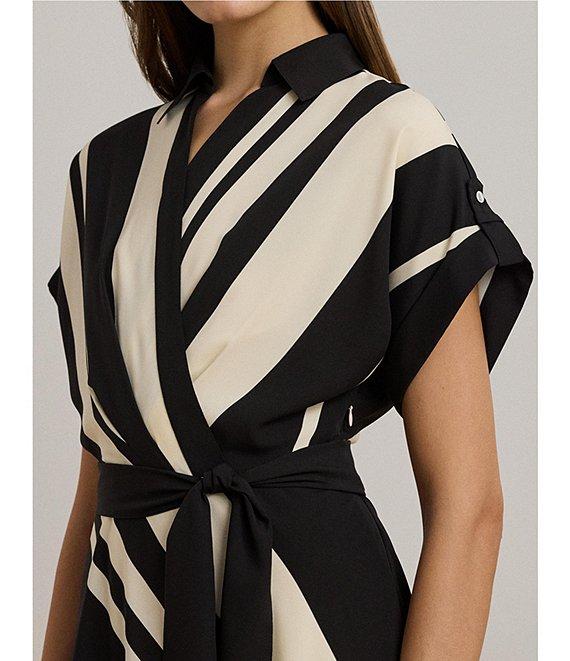 Lauren Ralph Lauren Crepe Striped Spread Collar Short Sleeve Belted A-Line Midi Dress Product Image
