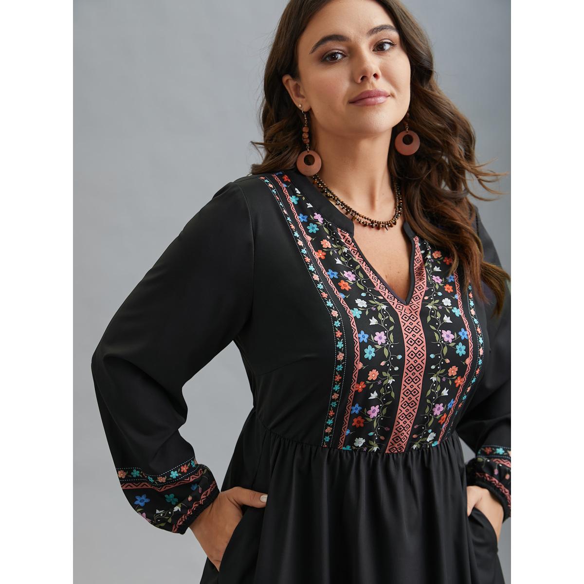 Plus Size Notched Collar Boho Print Midi Dress Black Women Resort Non Notched collar Long Sleeve Curvy BloomChic 14-16/1X Product Image