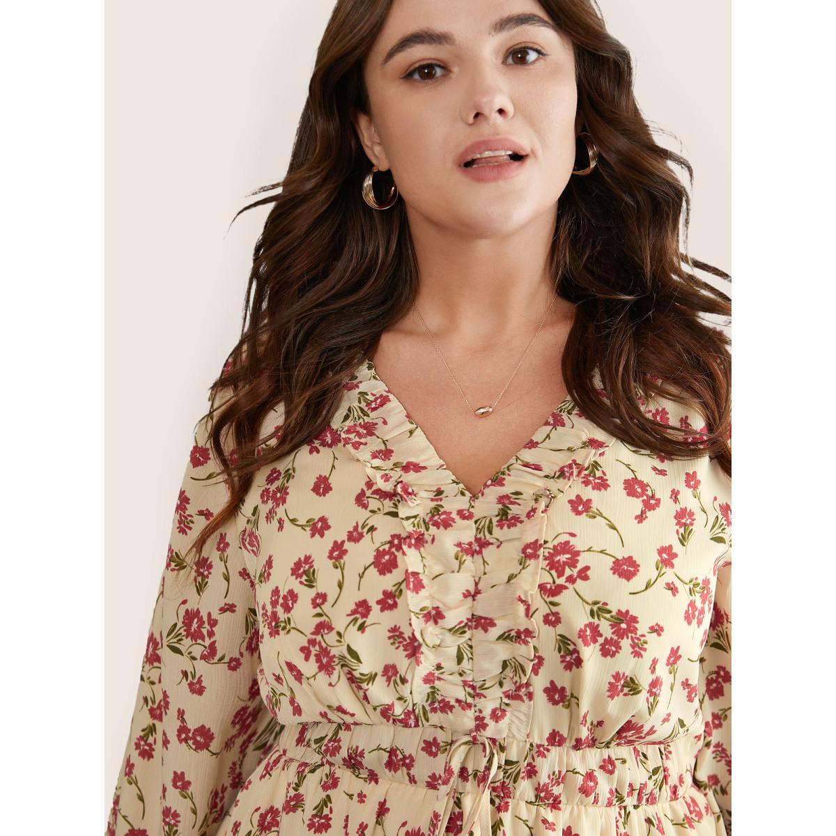 Plus Size Beige Ditsy Floral Elastic Waist Ties Ruffles Blouse Women Elegant Long Sleeve V-neck Office Blouses BloomChic 14-16/1X Product Image