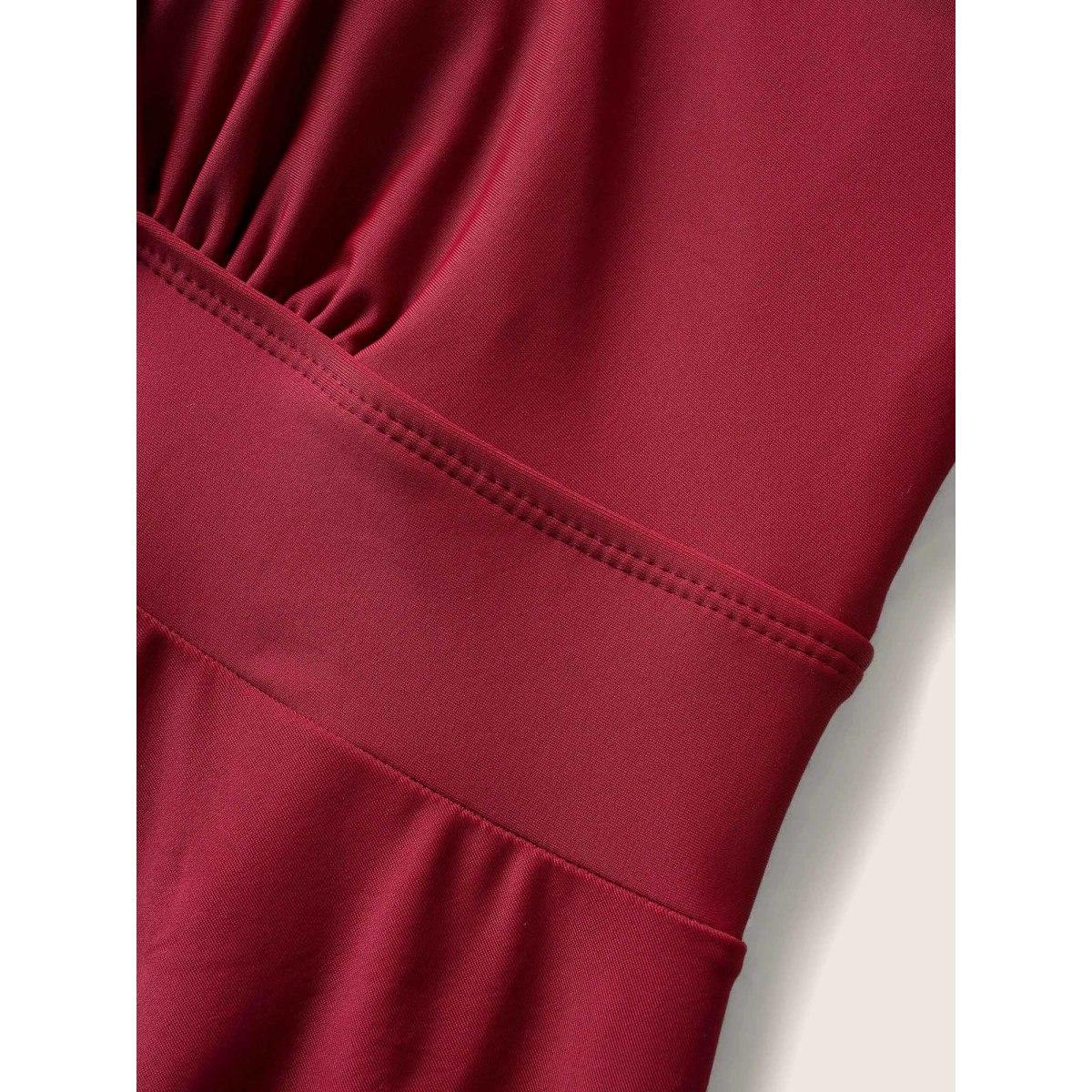 Plus Size Solid Overlap Collar Lace Patchwork Gathered Swim Dress Women's Swimwear Deepred Beach Bodycon Overlap Collar High stretch Curve Swim Dresses BloomChic 12/L Product Image