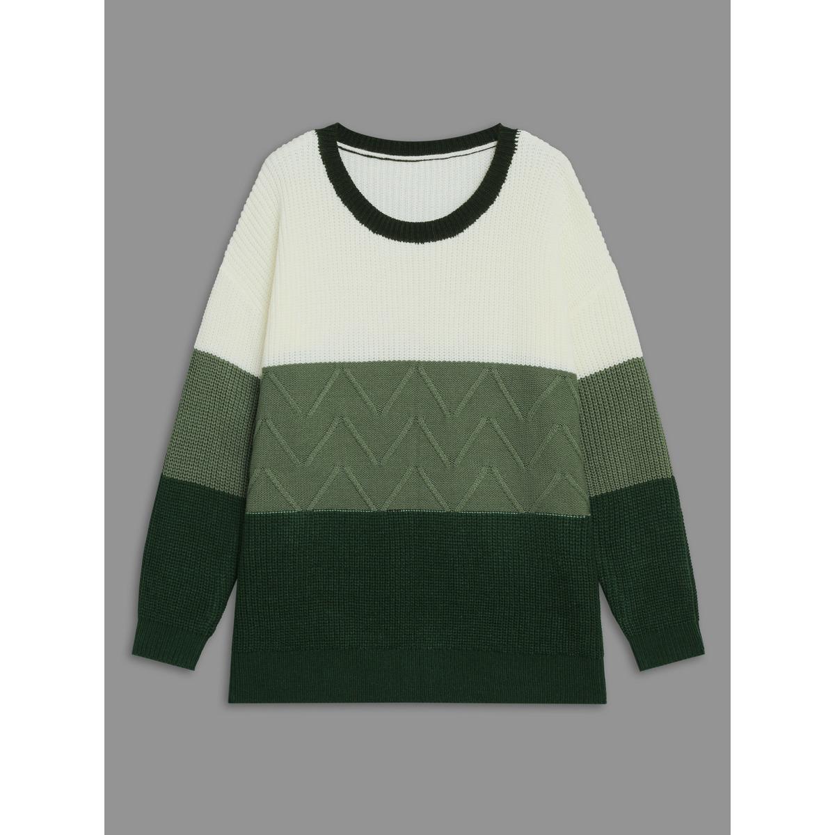 Plus Size Textured Color Block Round Neck Pullover DarkGreen Women Casual Loose Long Sleeve Round Neck Everyday Pullovers BloomChic 14-16/1X Product Image