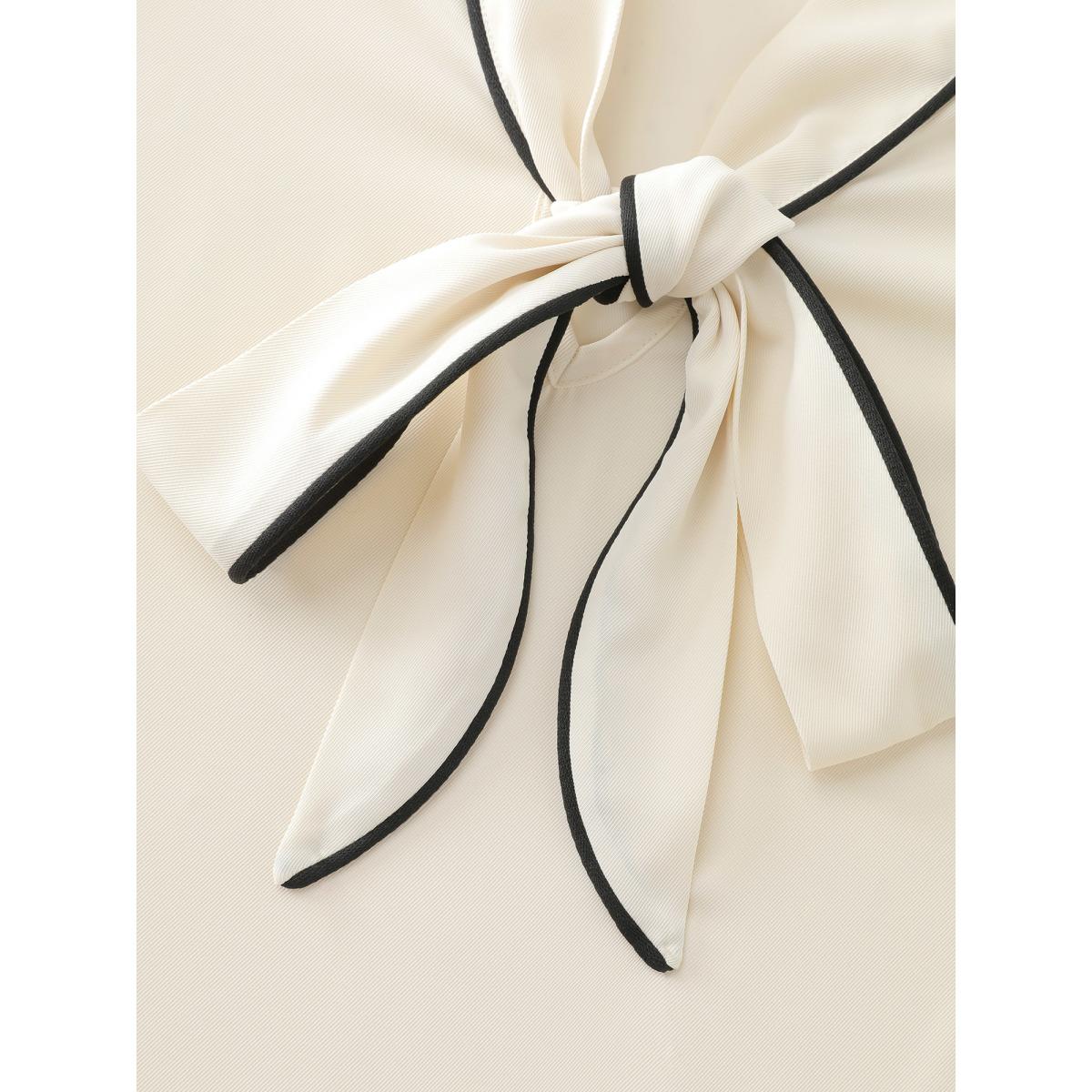 Plus Size Apricot Bowknot Neckline Color Contrast Blouse Women Timeless Long Sleeve Ribbon-tied collar Elegant Blouses BloomChic 10/M Product Image