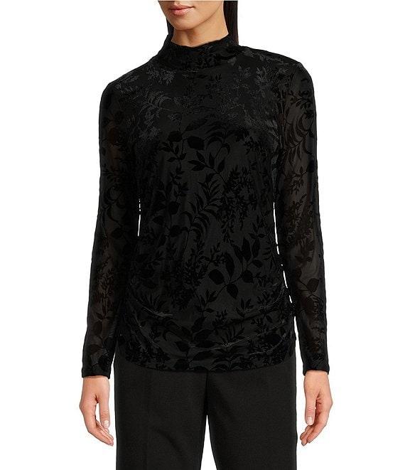 Calvin Klein Floral Burnout Crushed-Velvet Long Sleeve Mock Neck Ruched Top Product Image
