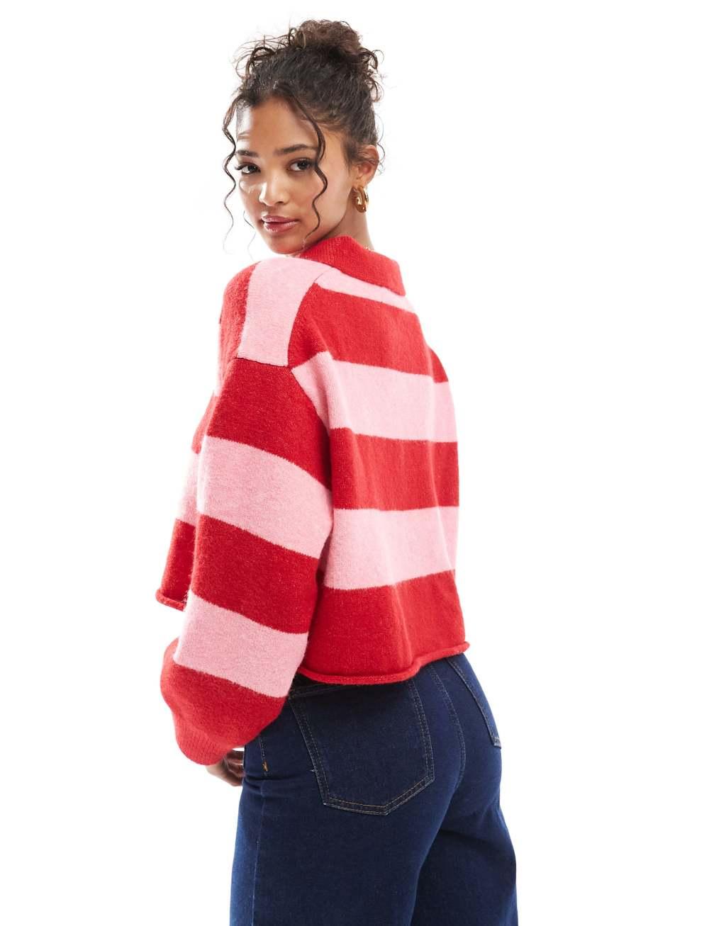 Bershka textured knitted polo sweater in red and pink stripe Product Image