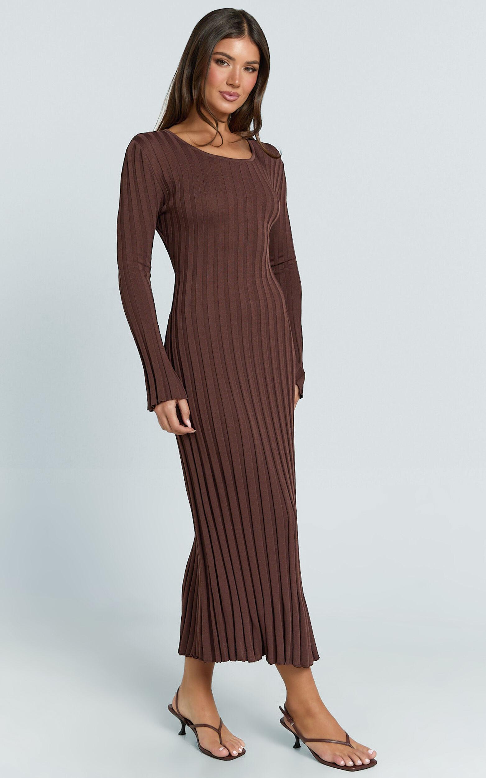 Blaire Midi Dress - Long Sleeve Tie Back Flare Dress in Dark Chocolate Product Image