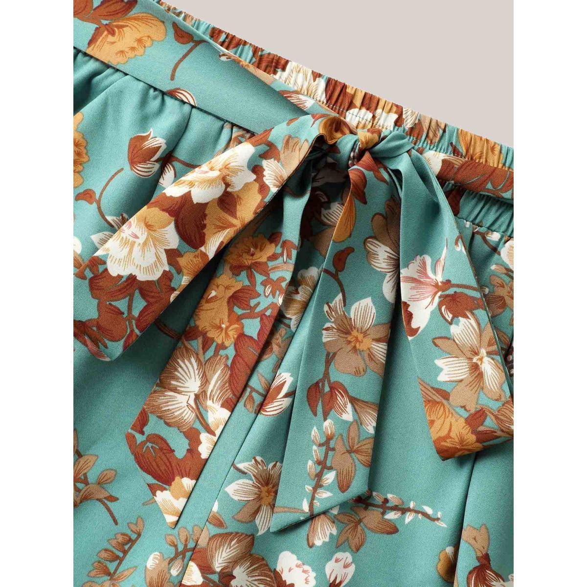 Plus Size Sweet Floral Print Belted Wide-Leg Pants Women Emerald Formal Wide Leg Mid Rise Party Pants BloomChic 14-16/1X Product Image