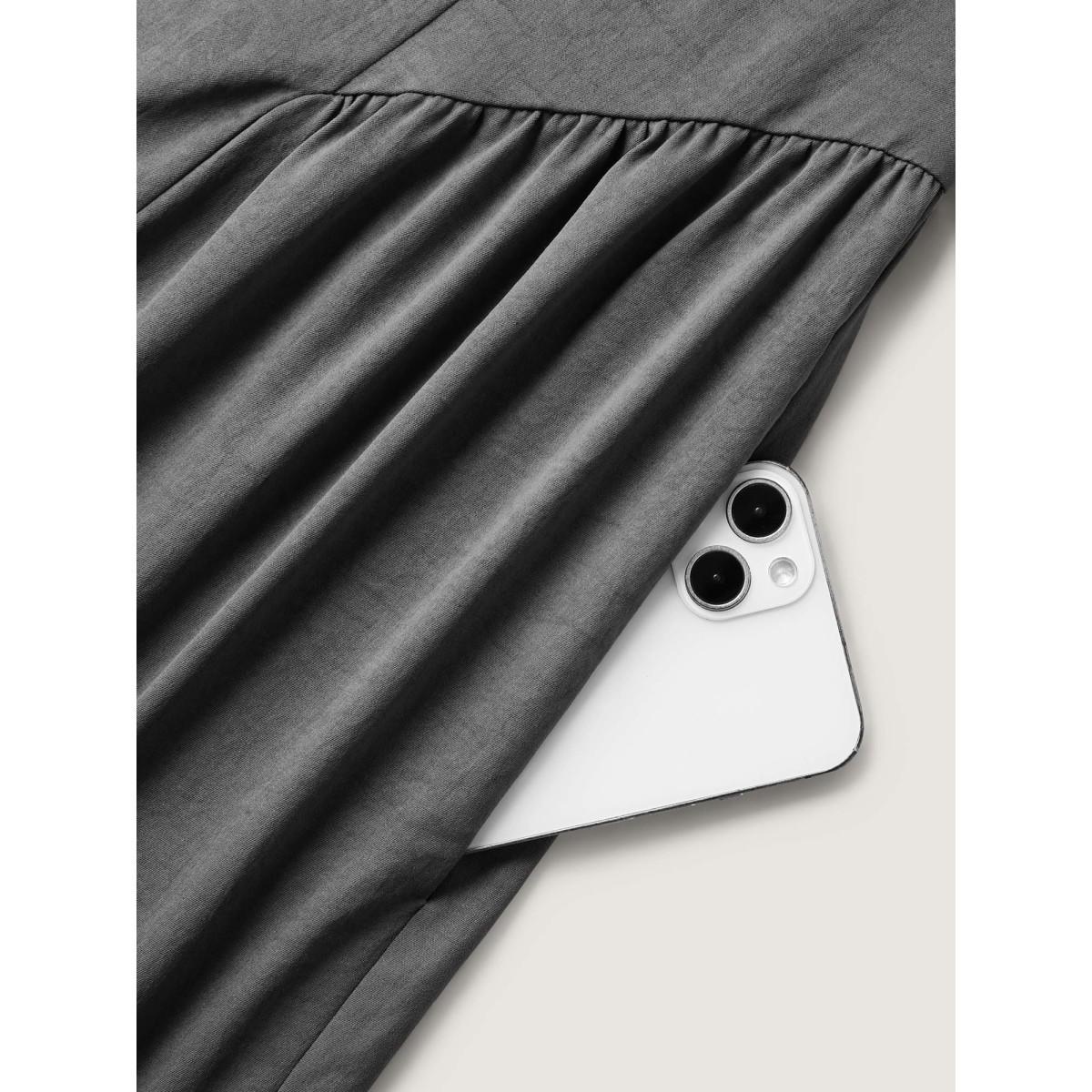 Plus Size Solid Pleated Drop Waist Midi Dress DimGray Women Gathered V-neck Sleeveless Curvy BloomChic 12/L Product Image