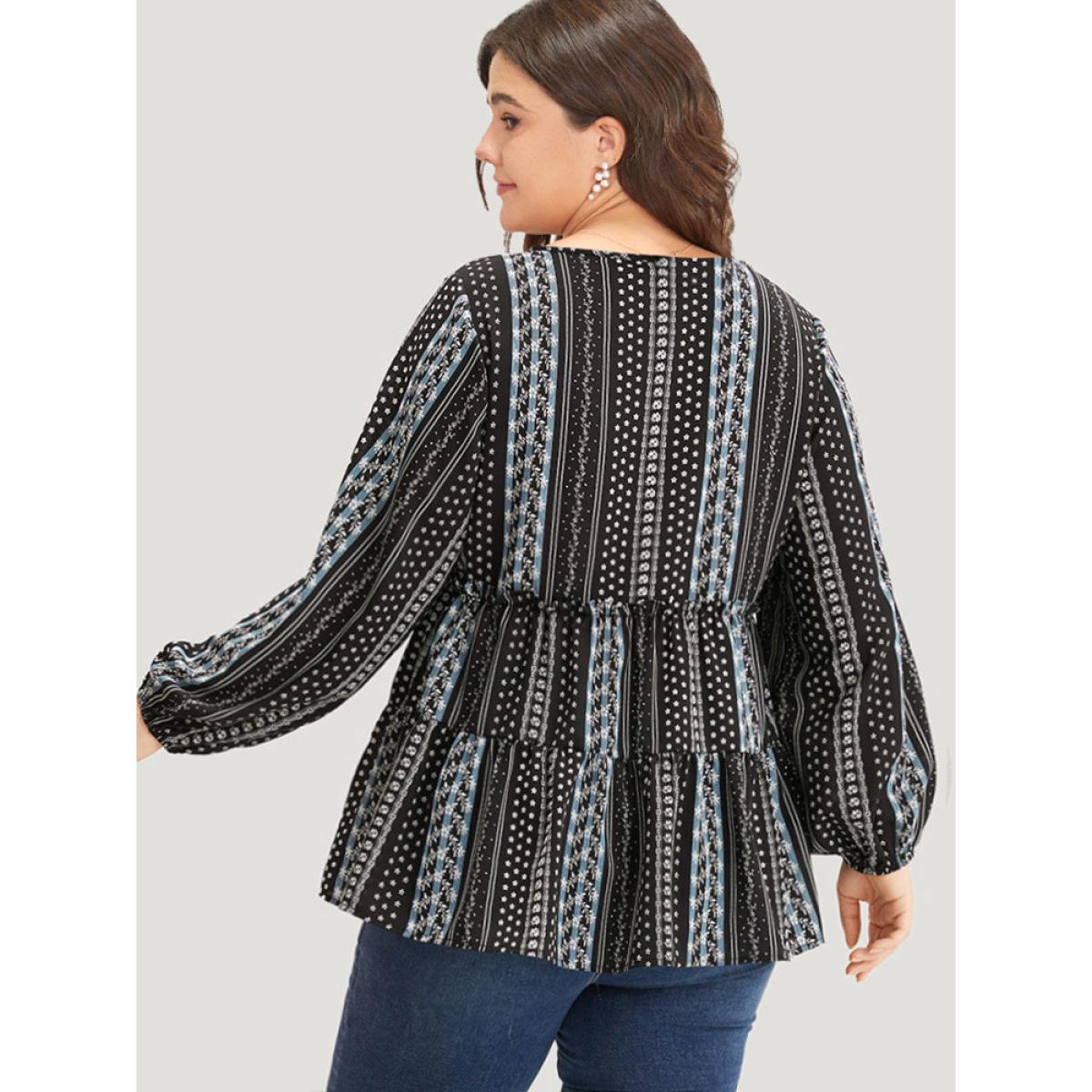 Plus Size BlackFlower Boho Print Frill Trim Ruffle Layered Hem Blouse Women Vacation Long Sleeve V-neck Vacation Blouses BloomChic 22-24/3X Product Image