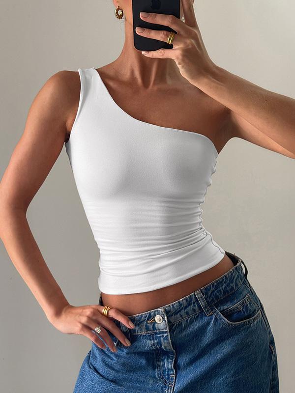 Skinny Sleeveless Solid Color One-Shoulder Vest Top Product Image