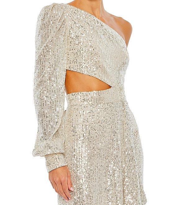 Mac Duggal Sequin Asymmetrical Neck Long Balloon Sleeve Cut Out Side Thigh High Slit Ruffle Hem Gown Product Image