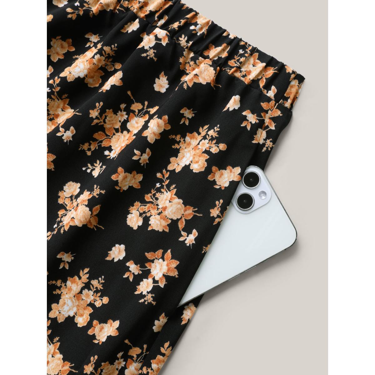 Plus Size Ditsy Floral High Low Hem Midi Skirt Women Black Asymmetrical Loose No stretch Side seam pocket Everyday-Elegant Skirts BloomChic 26/4X Product Image