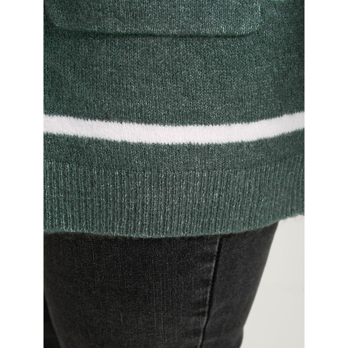 Plus Size Striped Contrast Super Soft Plush Knit Pocket Button Front Cardigan DarkGreen Women Casual Loose Long Sleeve Dailywear Cardigans BloomChic 18-20/2X Product Image