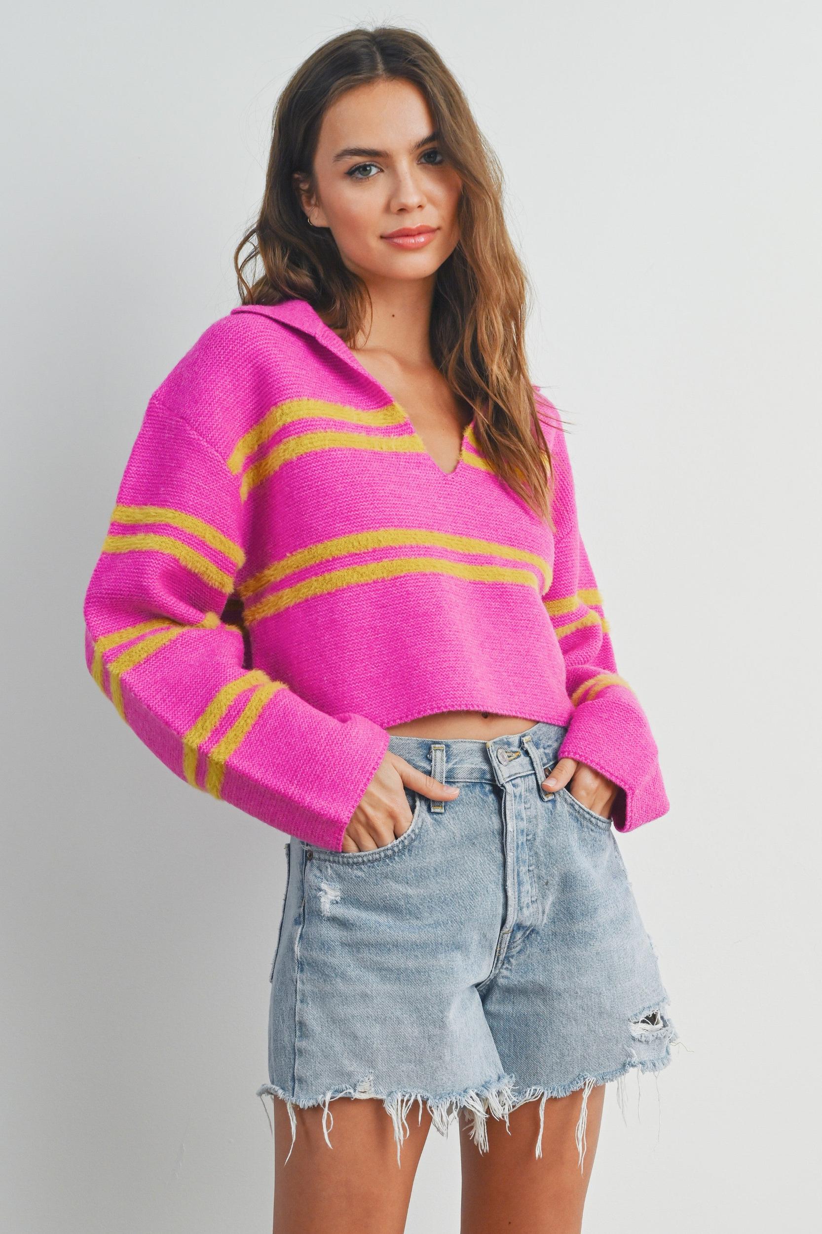 Stripe Cozy Collared Crop Sweater Product Image
