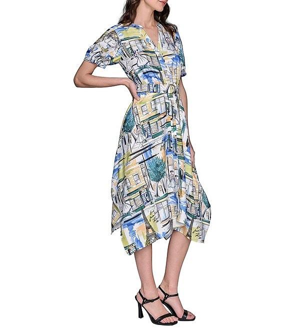 KARL LAGERFELD PARIS Handkerchief Hem Split V-Neckline Short Sleeve Button Front Shirt Midi Dress Product Image