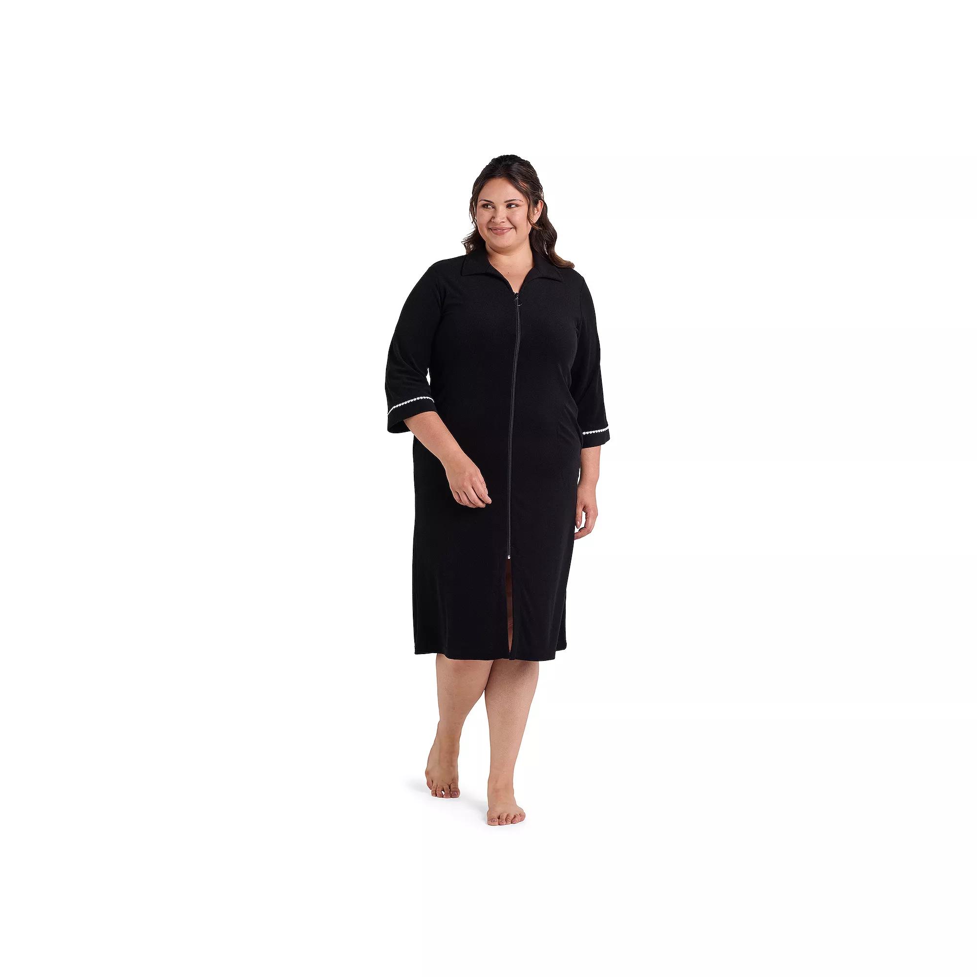 Plus Size Miss Elaine Essentials Terry Long Zip Robe, Women's, Size: 3XL, Black Product Image