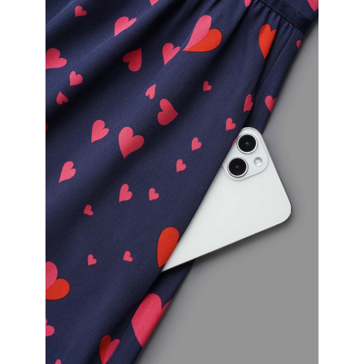 Plus Size Hearts Print Contrast Webbing Pocket Dress Navy Women Elegant Woven ribbon&lace trim Heart neckline Elbow-length sleeve Curvy BloomChic 22-24/3X Product Image