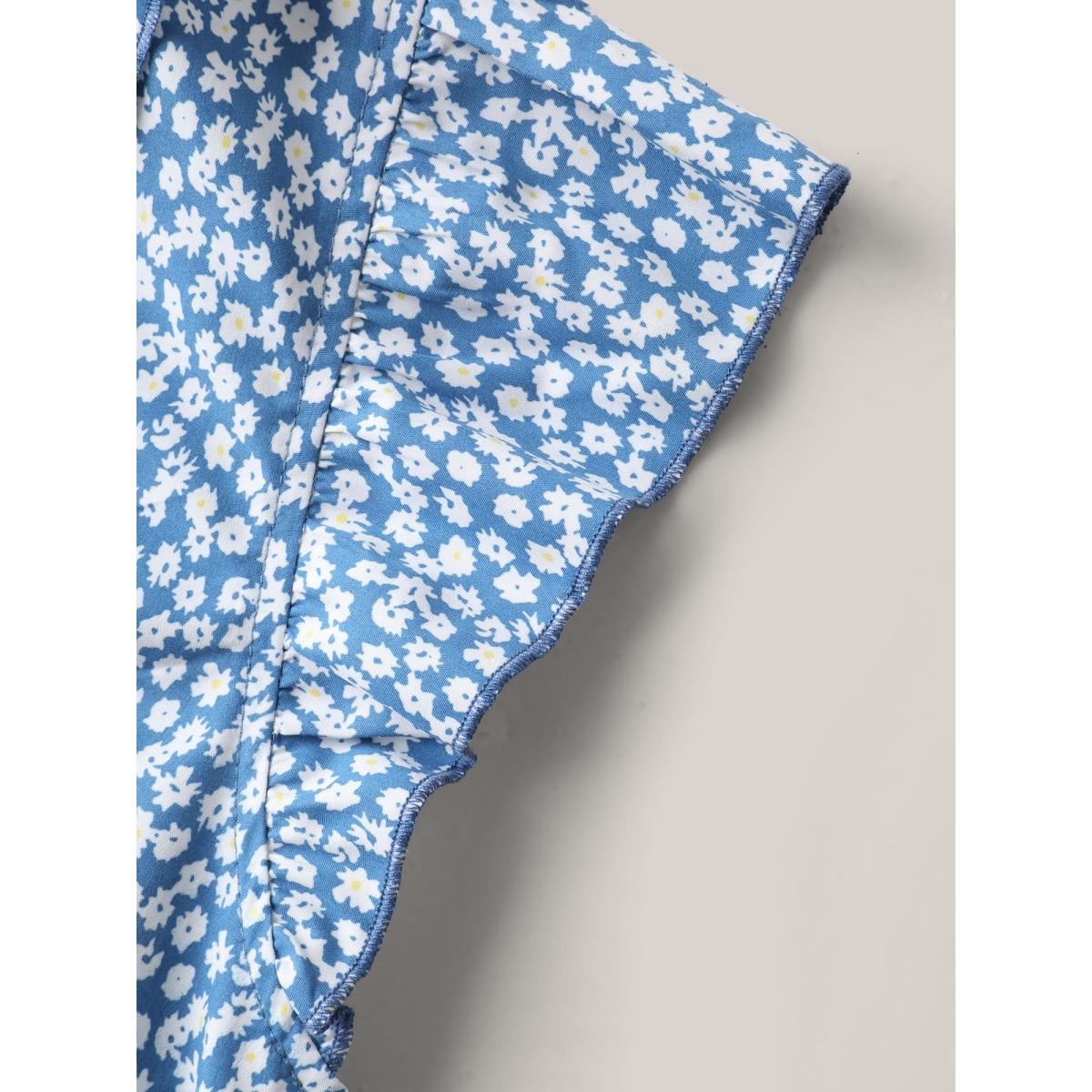 Plus Size Floral Print Ruffled Neck Midi Dress LightBlue Women V-neck Cap Sleeve Curvy BloomChic 10/M Product Image