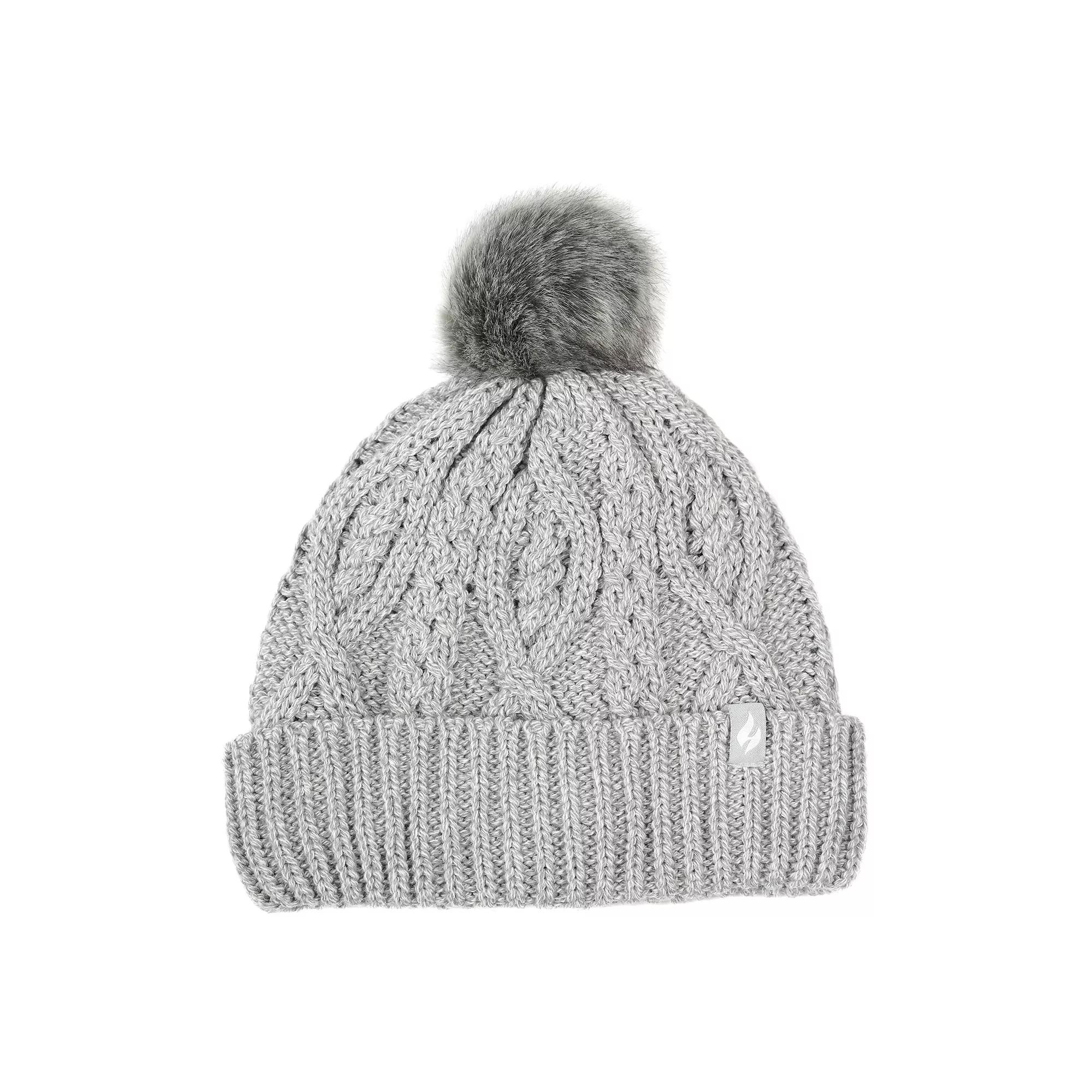 Women's Heat Holders Heatweaver Cable Knit Pom Pom Hat, Cloud Gray Product Image