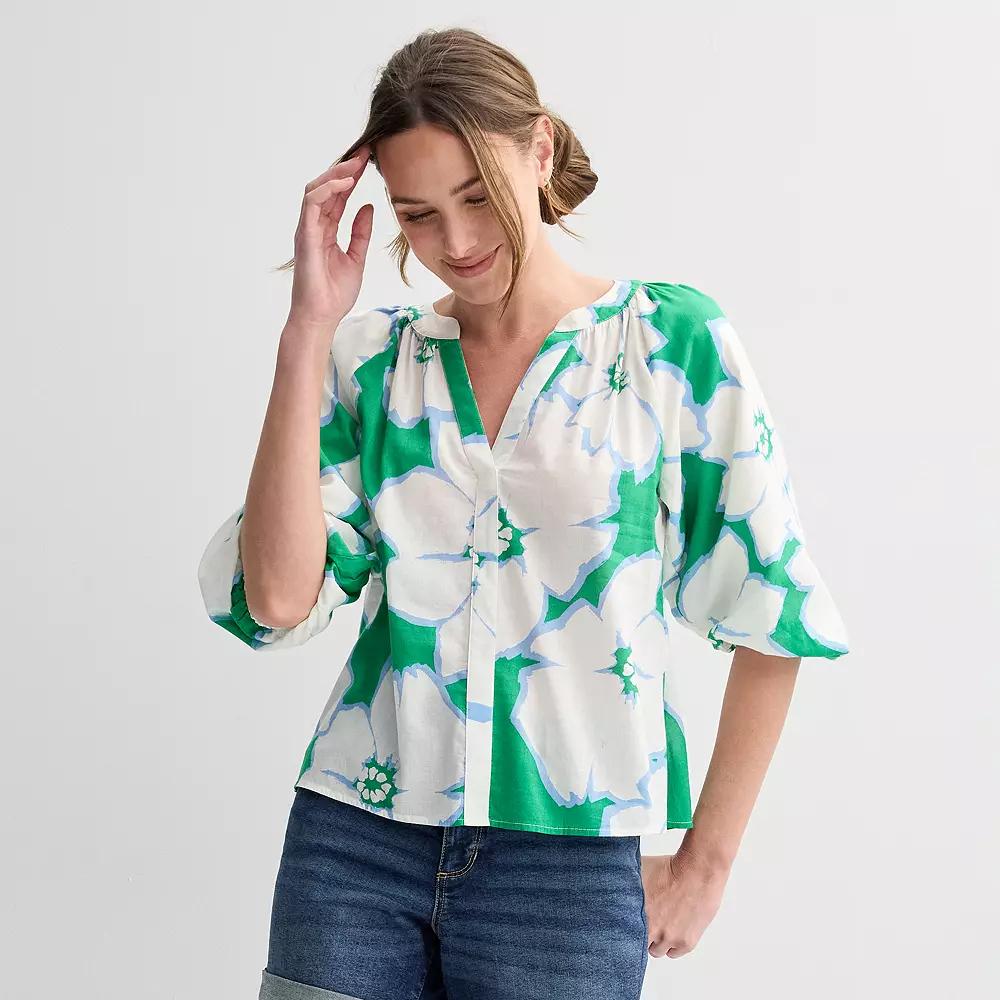 Women's Sonoma Goods For Life® Shirred Balloon Sleeve Y-Neck Top, Size: Medium, Green Brush Floral Product Image
