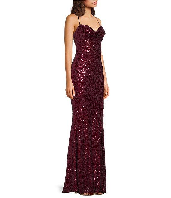 B. Darlin Sequin Cowl Neck Cross Back Side Slit Long Dress Product Image
