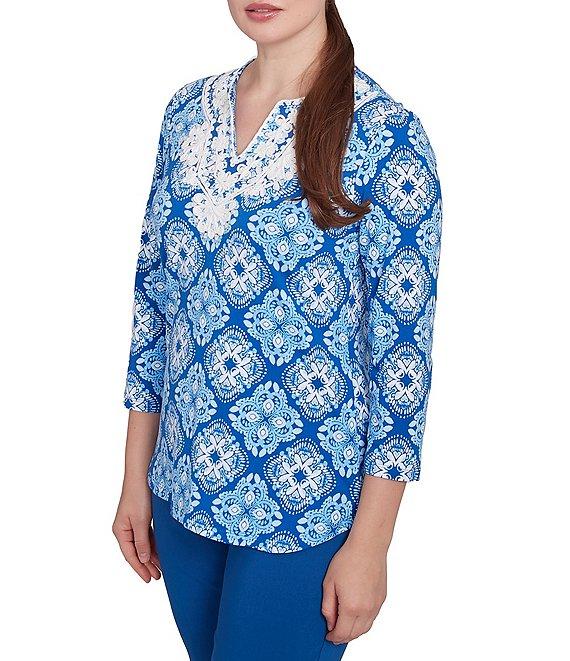 Ruby Rd. Knit Printed Round Split V-Neck 3/4 Sleeve Top Product Image