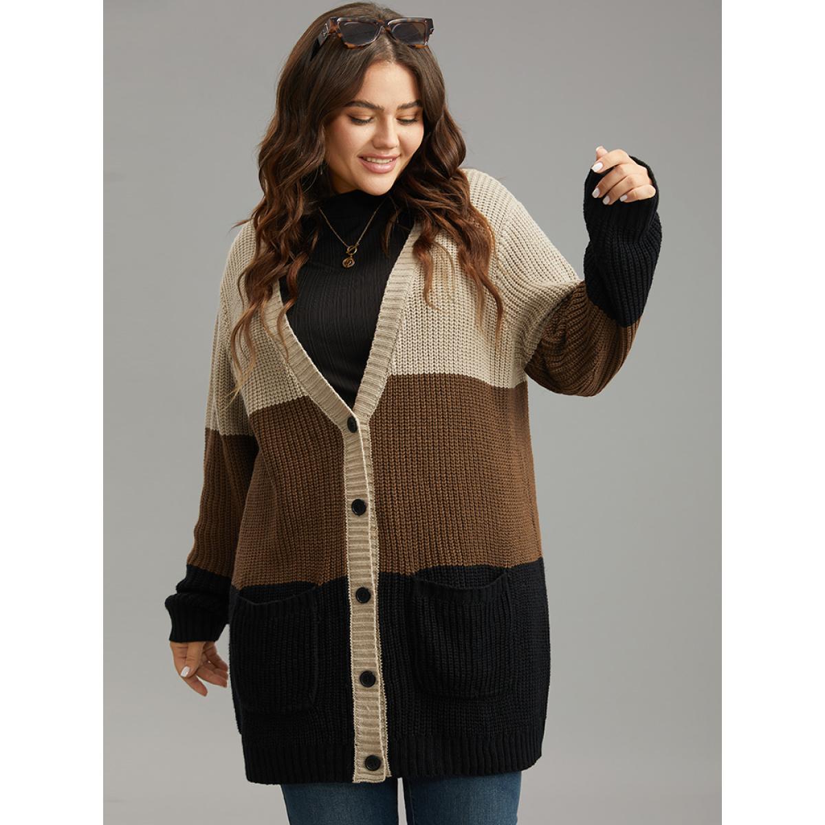 Plus Size Contrast Button Through Patched Pocket Cardigan Multicolor Women Casual Loose Long Sleeve Dailywear Cardigans BloomChic 30/6X Product Image