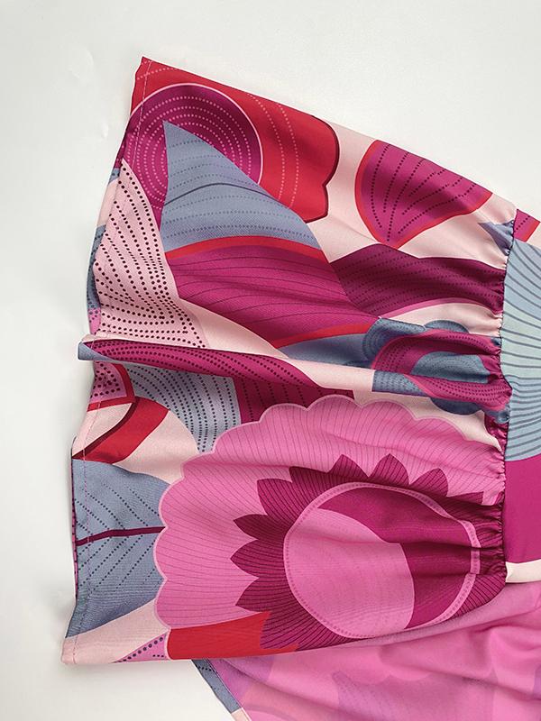 Batwing Sleeves Loose Flower Print Pleated Split-Joint Round-Neck Maxi Dresses Product Image