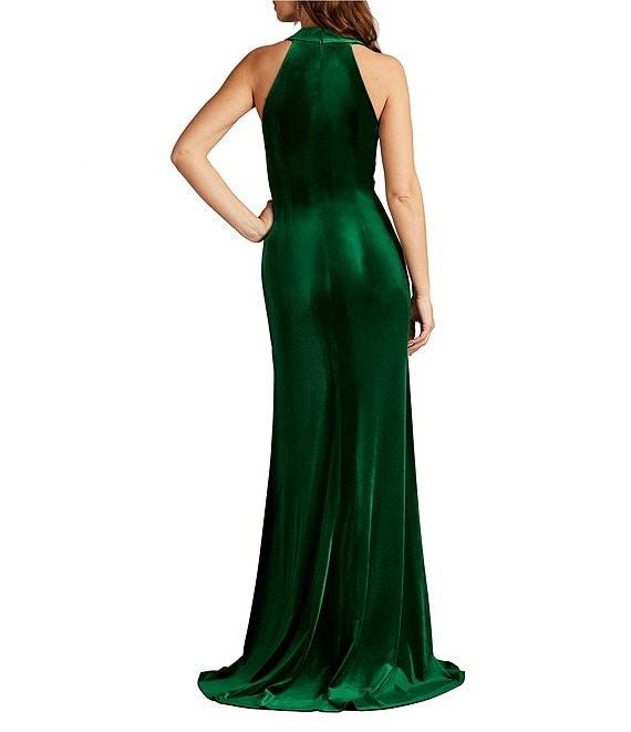 Tadashi Shoji V-Neck Ruched Ruffle Front Sleeveless Velvet Gown Product Image