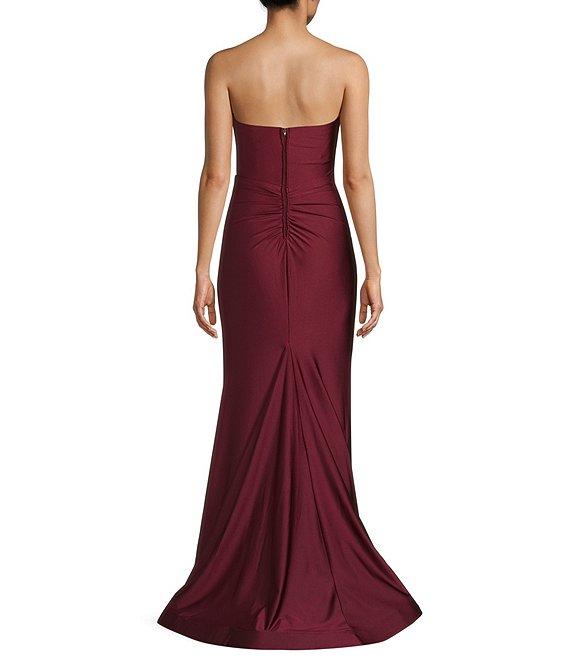 B. Darlin Shiny Knit Strapless Sweetheart Neck Pleated Front Slit Dress Product Image