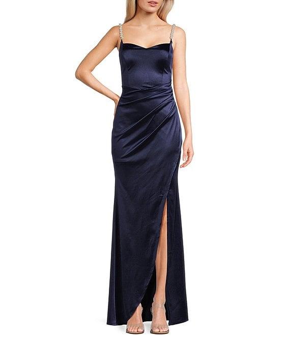 Honey and Rosie Sweetheart Neck Pearl Trim Spaghetti Strap Lace Back Bodice Pleated Envelope Front Gown Product Image