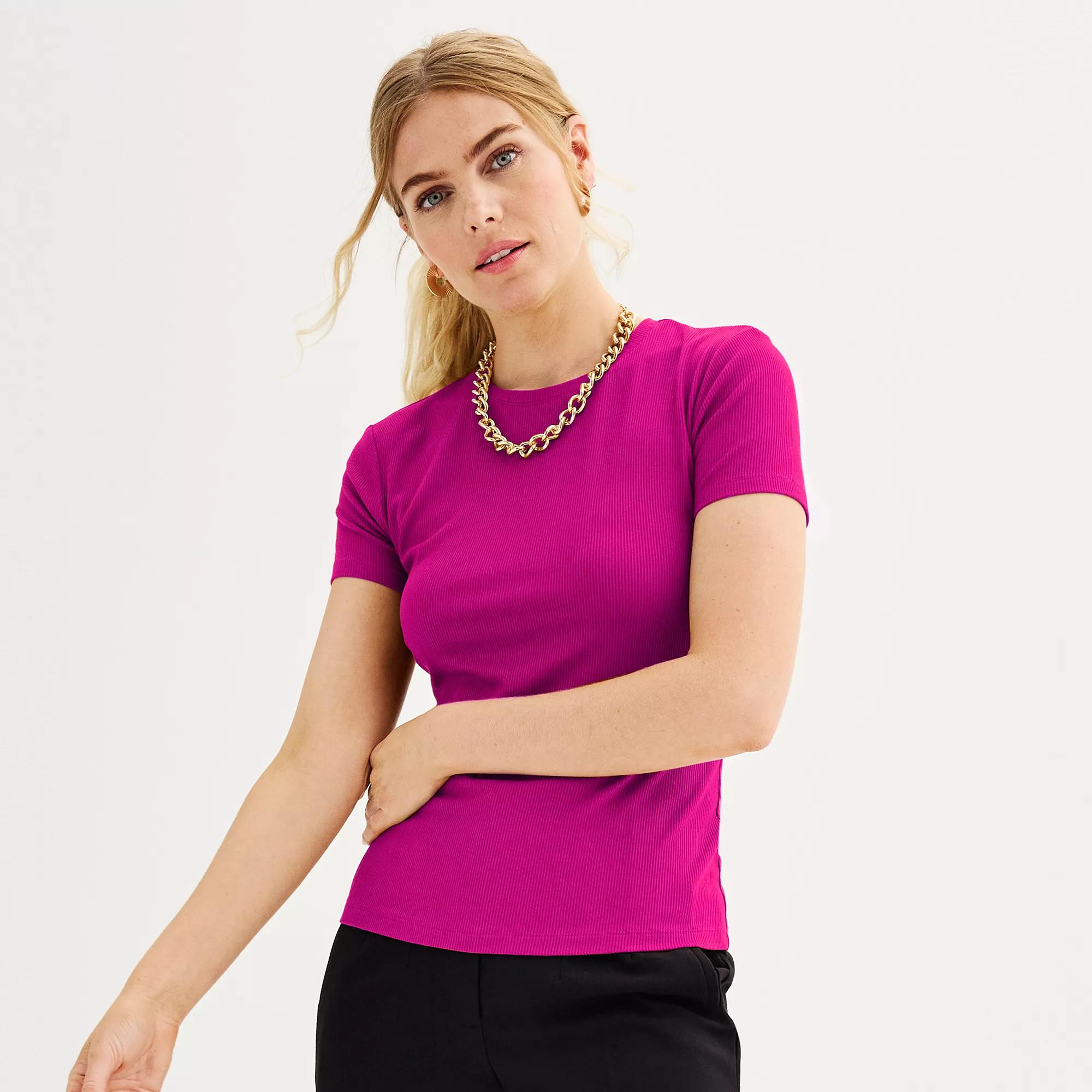 Women's Nine West Fitted Ribbed Crewneck Top, Size: Small, Orchid Landscape Product Image