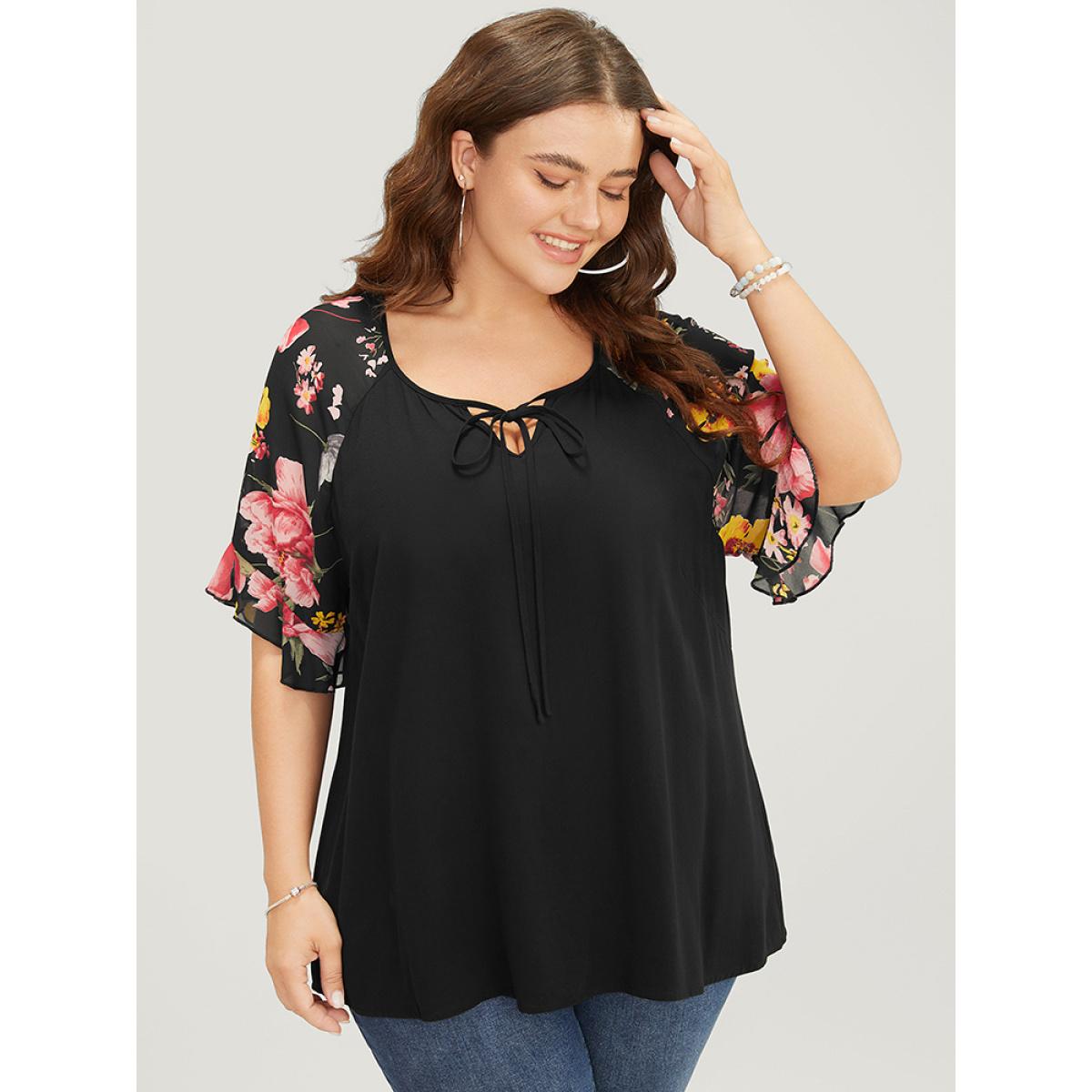 Plus Size Black Floral Raglan Sleeve Keyhole Tie Neck Blouse Women Elegant Short sleeve Tie Neck Dailywear Blouses BloomChic 26/4X Product Image