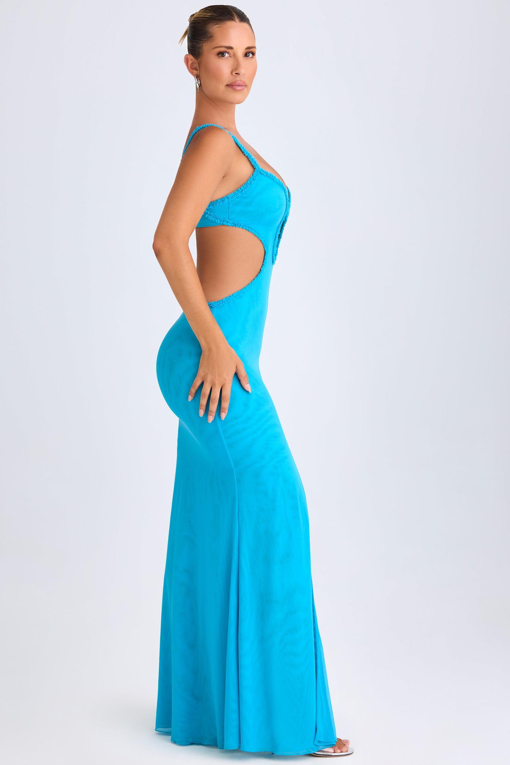 Ruffle-Appliqué Cut-Out Maxi Dress in Aqua Blue Product Image