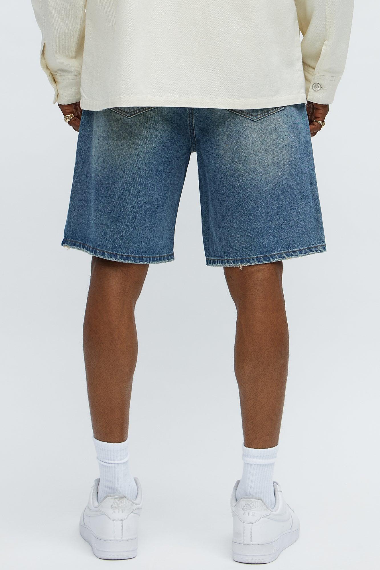 Relaxed Patches With Fray Distressed Denim Shorts - Vintage Blue Wash Male Product Image