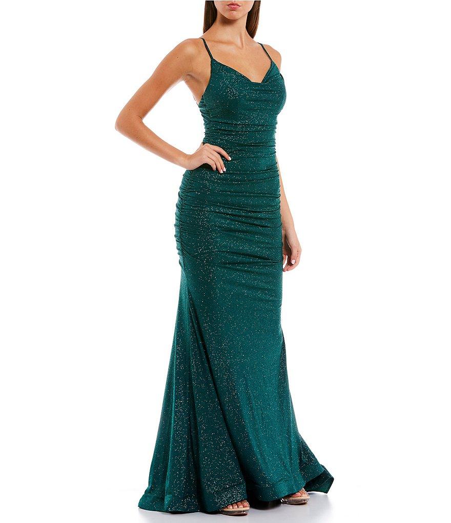 B. Darlin Glitter Ruched Cowl Neck Long Dress Product Image