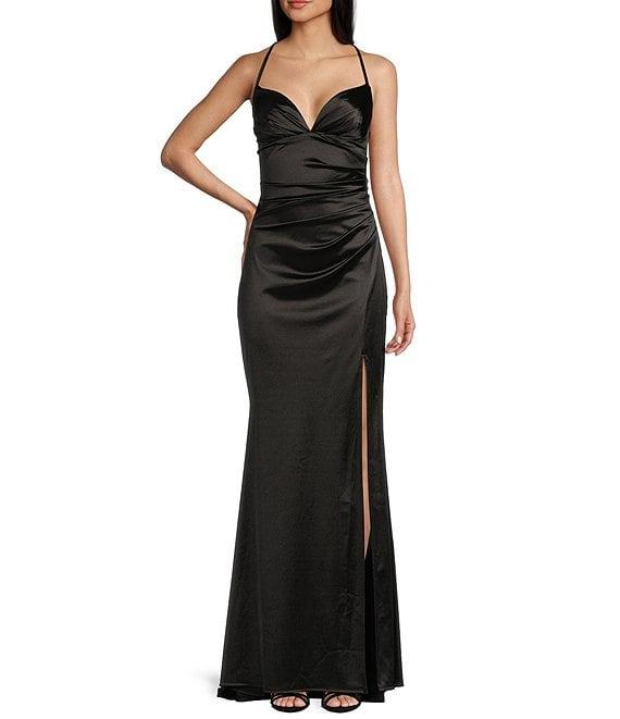 B. Darlin V-Neck Shirred Front Slit Long Satin Dress Product Image