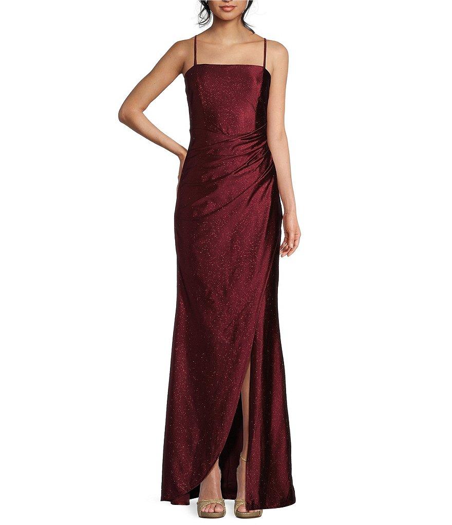 Honey and Rosie Glitter Pleated Side Slit Long Dress Product Image