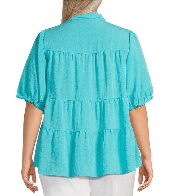 John Mark Plus Size Wire Collar Short Sleeve Tiered Button Front Top Product Image