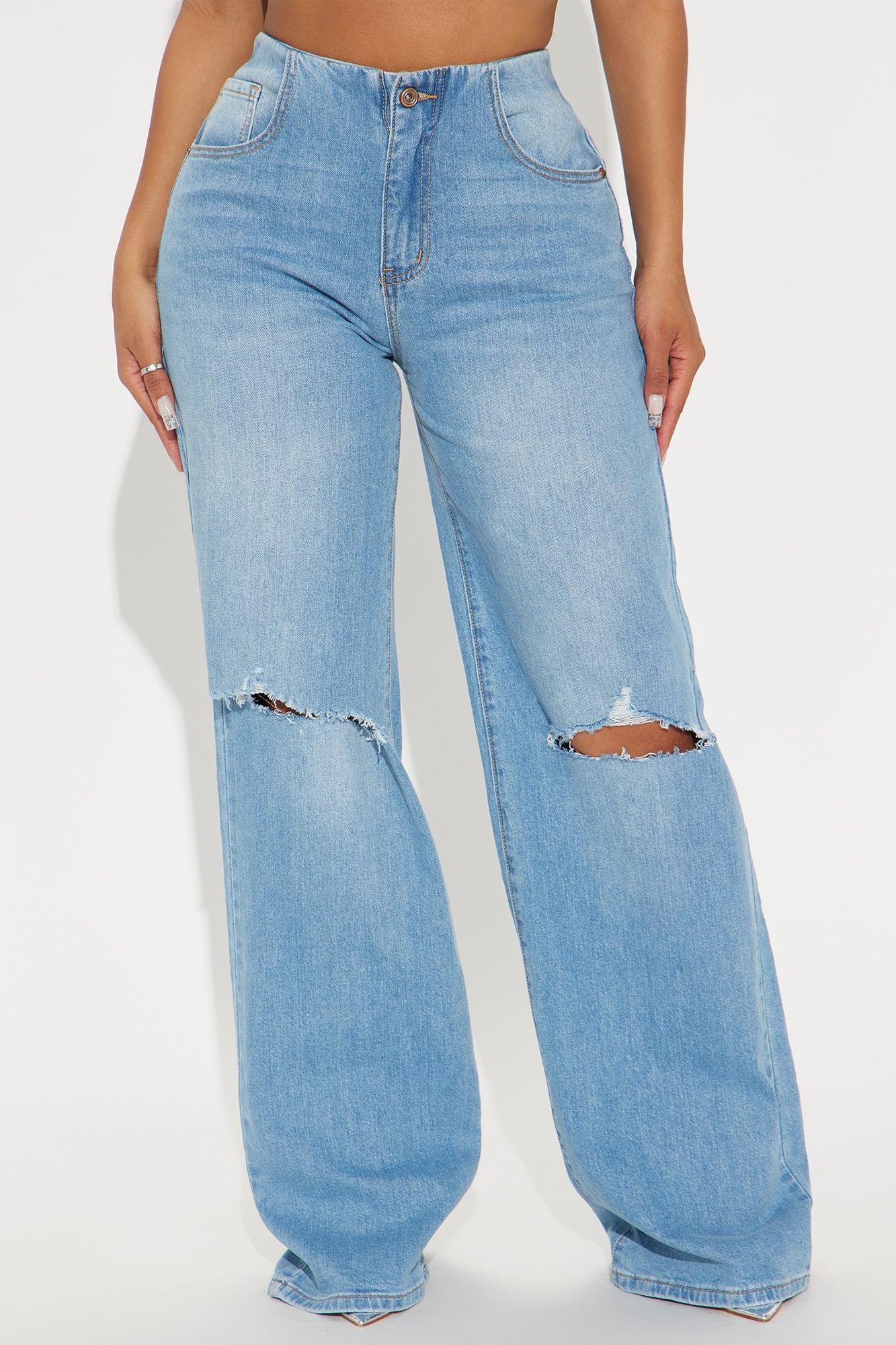 Soline Ripped Foldover Wide Leg Jeans - Light Wash Product Image