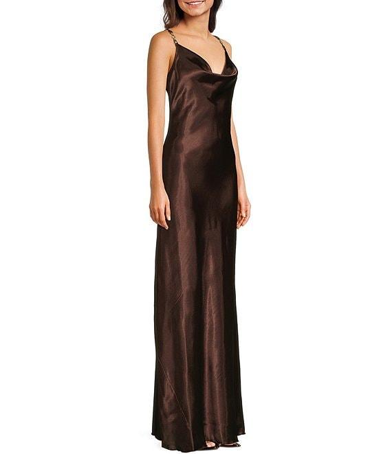 Jump Rhinestone Trim Drape Neck Long Dress Product Image