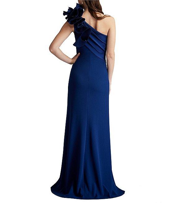 Tadashi Shoji Crepe One Shoulder Sleeveless Taffeta Flower Applique Gown Product Image