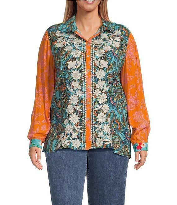 John Mark Plus Size Multi Print Point Collar Long Roll-Tab Sleeve Button Front Top Product Image