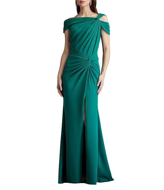 Tadashi Shoji Crepe Asymmetrical Neck Cold Shoulder Cap Sleeve Pleated Gown Product Image