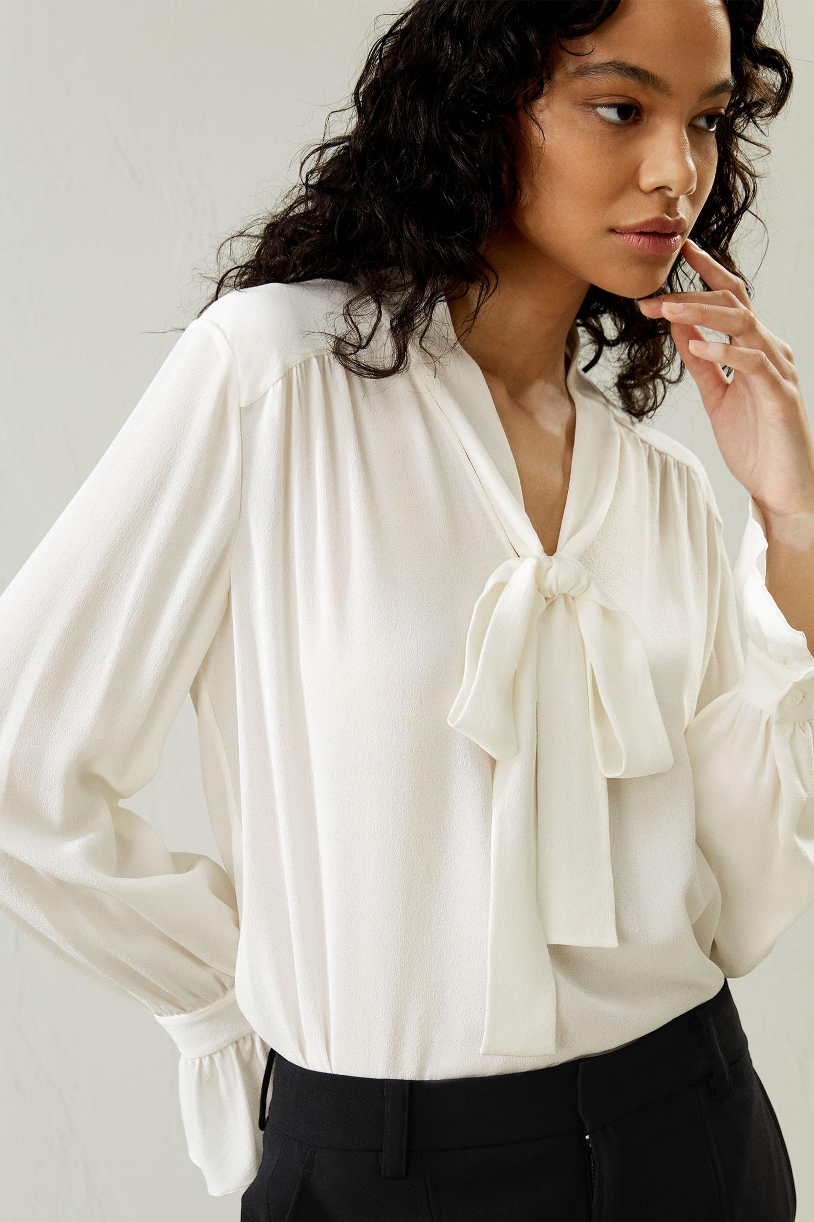Silk V-neck Ribbon Blouse Product Image
